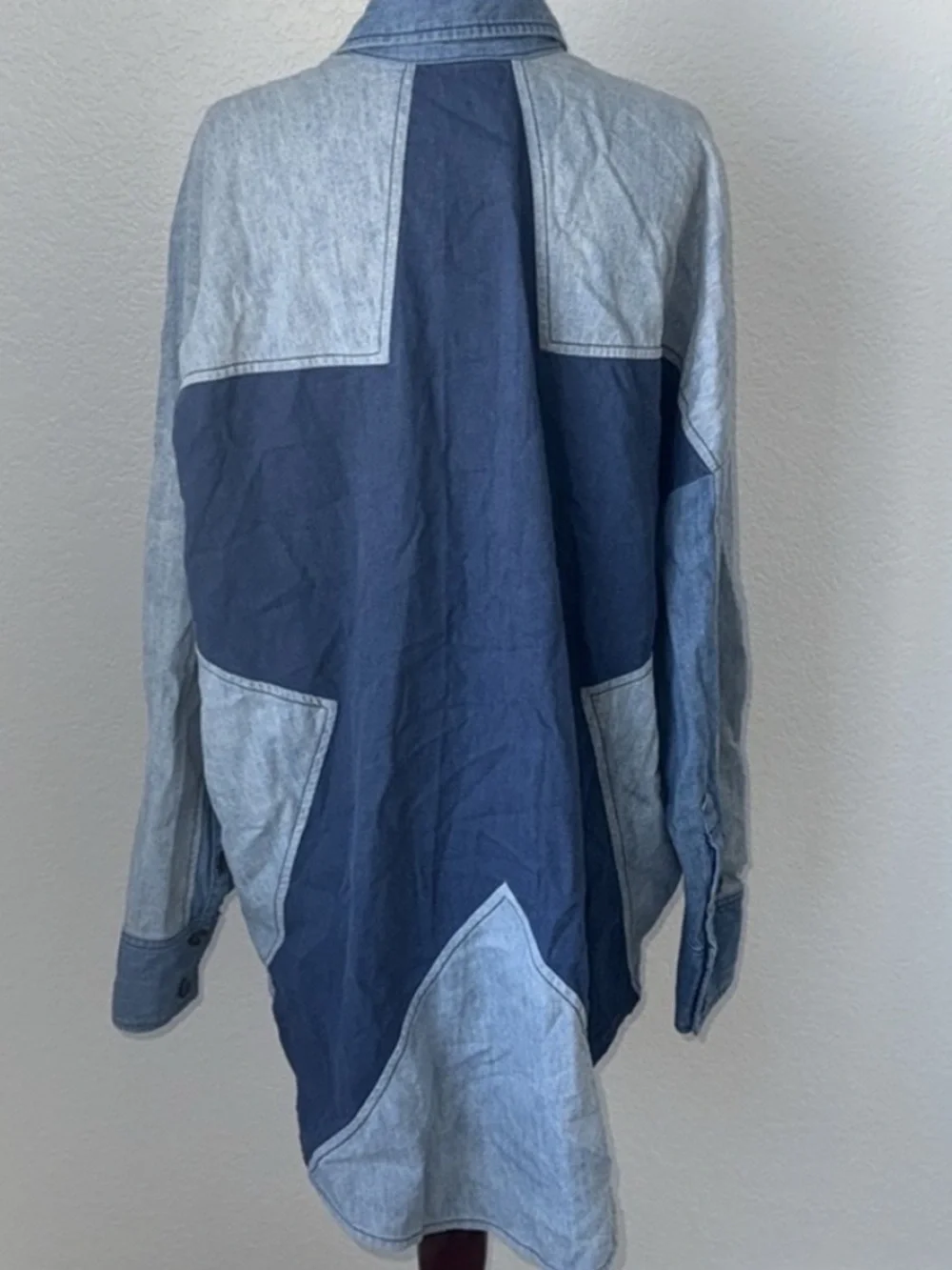 Free People Two-Tone Denim Button-Down Shirt Jacket in Dark & Light Blue